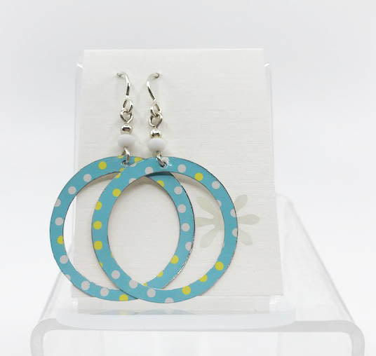 Lori Kovash Earrings Made From Recycled Materials | Hoop Turquoise Polka Dots